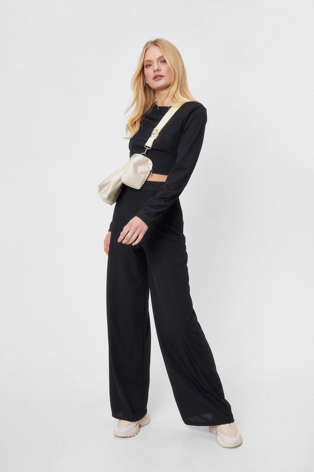 Black Long Sleeve Crop Top and Wide Leg Pants Set image number 1