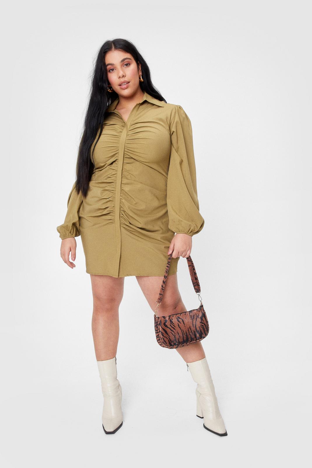 Olive Plus Size Ruched Fitted Shirt Dress image number 1