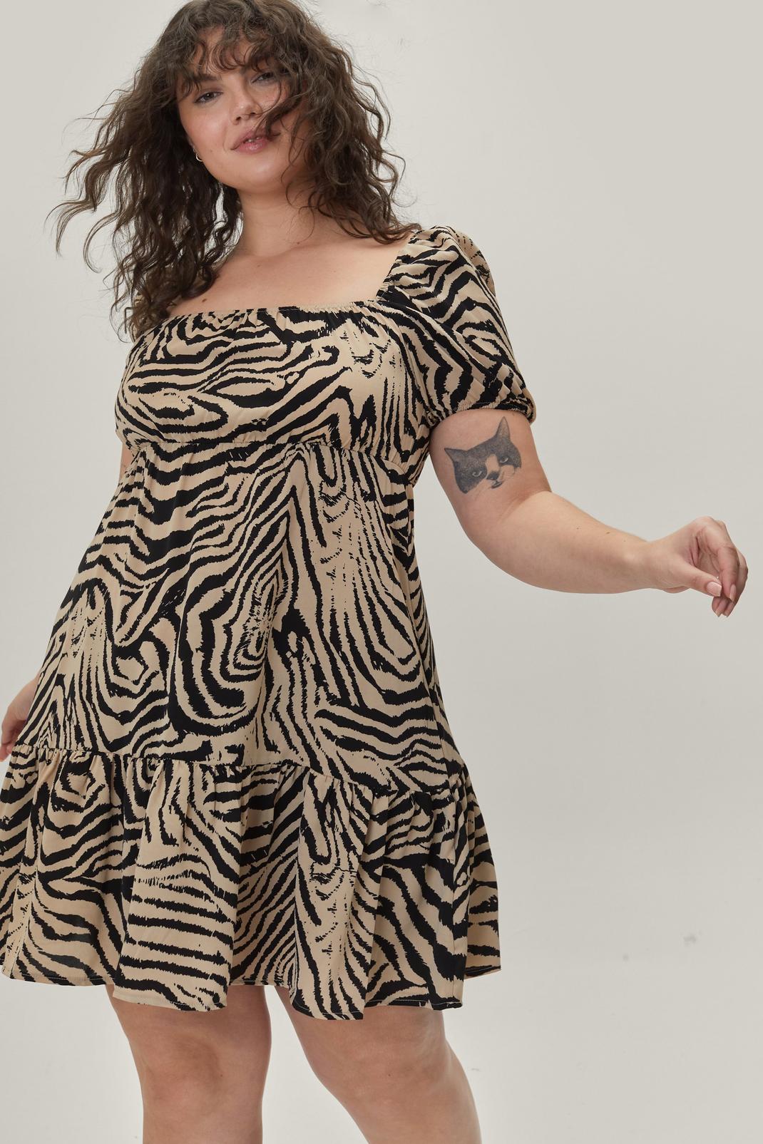 Cream Plus Size Zebra Print Ruffle Mini Dress image number 1