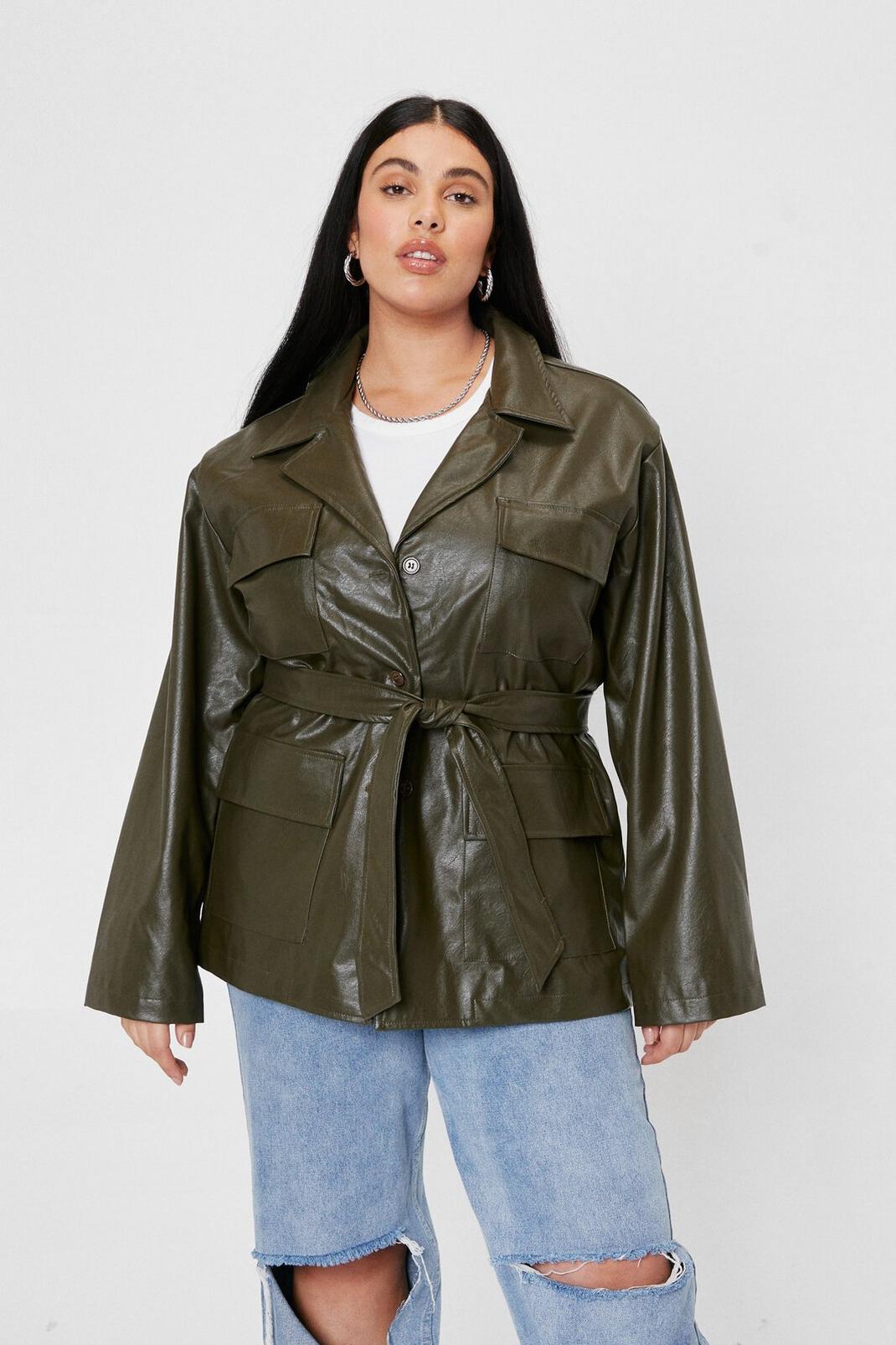 Olive Plus Size Belted Faux Leather Jacket image number 1
