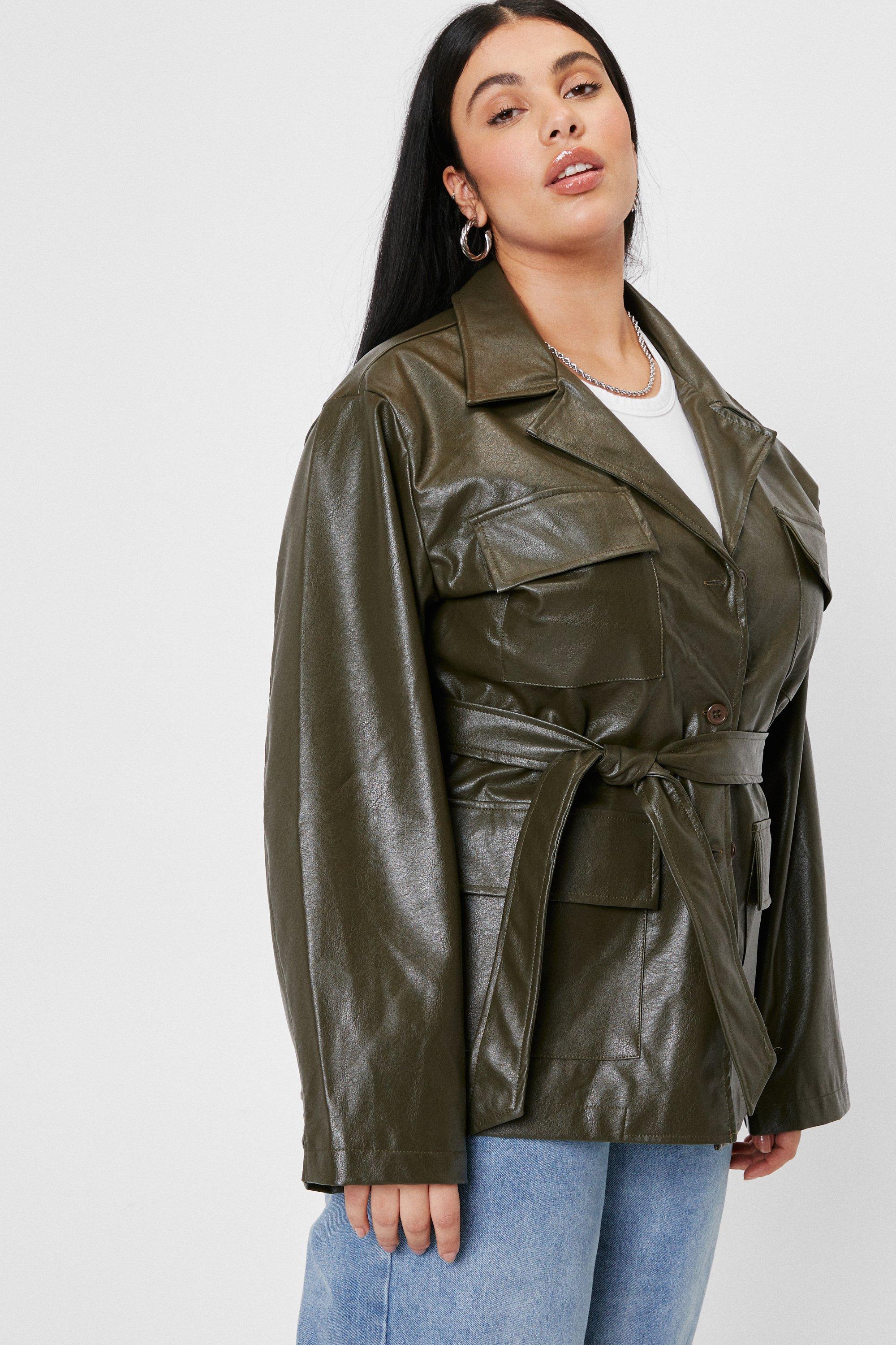 Plus Size Belted Faux Leather Jacket Edgy Vegan Leather Jacket