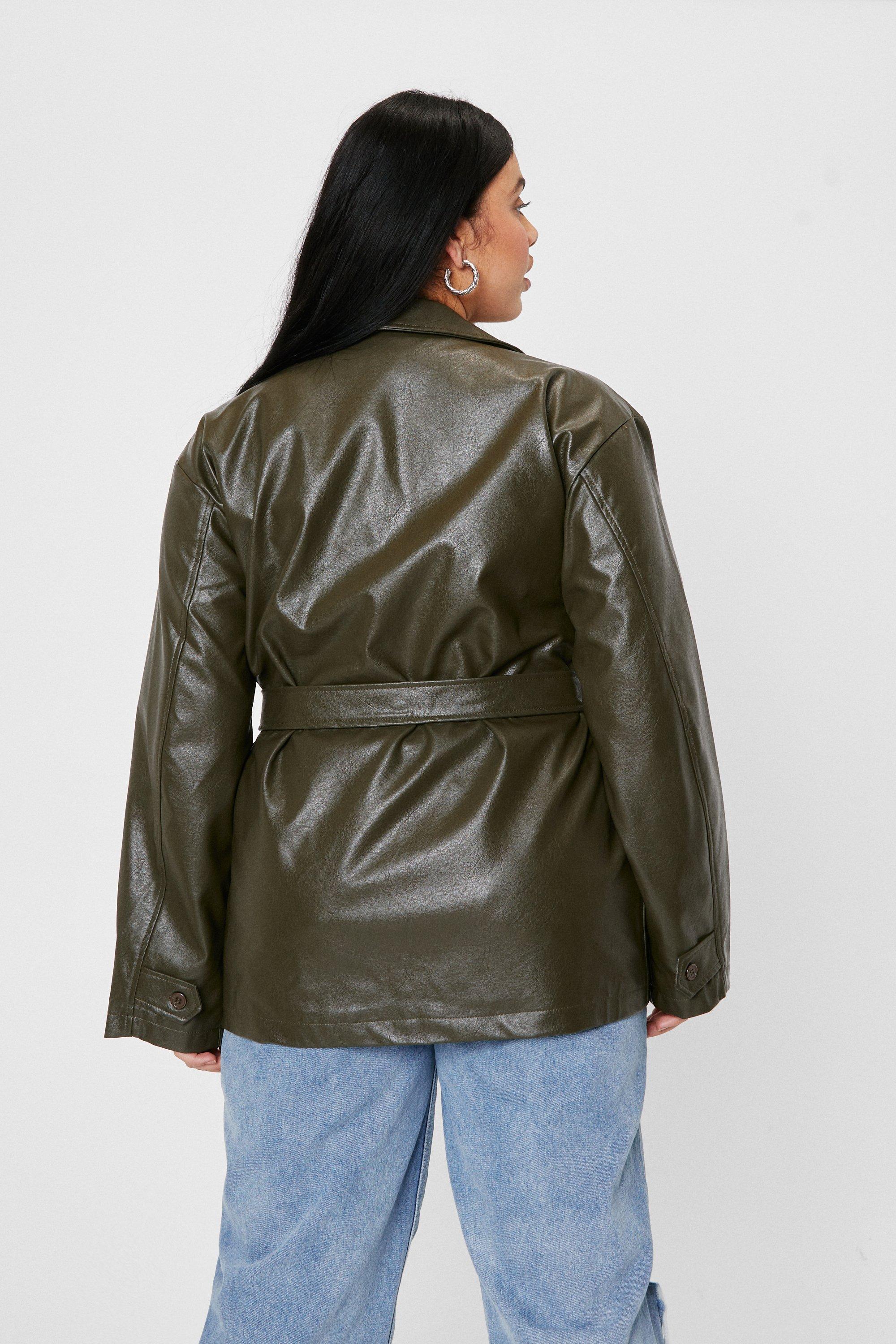 Plus Size Belted Faux Leather Jacket