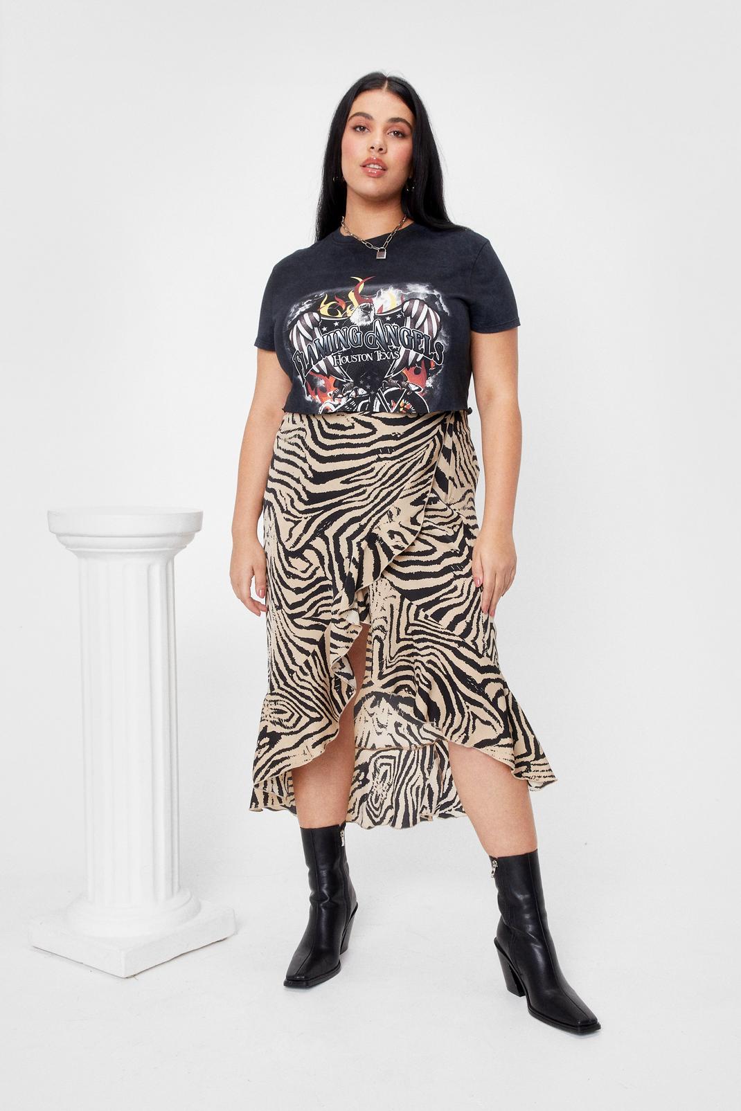 Cream Plus Size Zebra Print Ruffle Midi Skirt image number 1