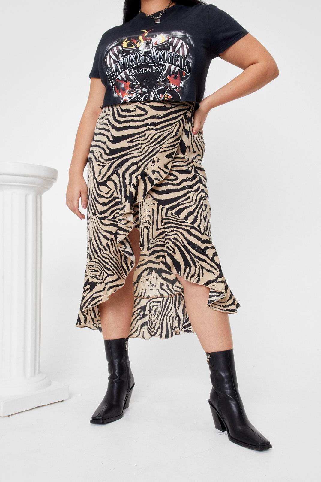 123 Plus Size Zebra Print Ruffle Midi Skirt image number 2