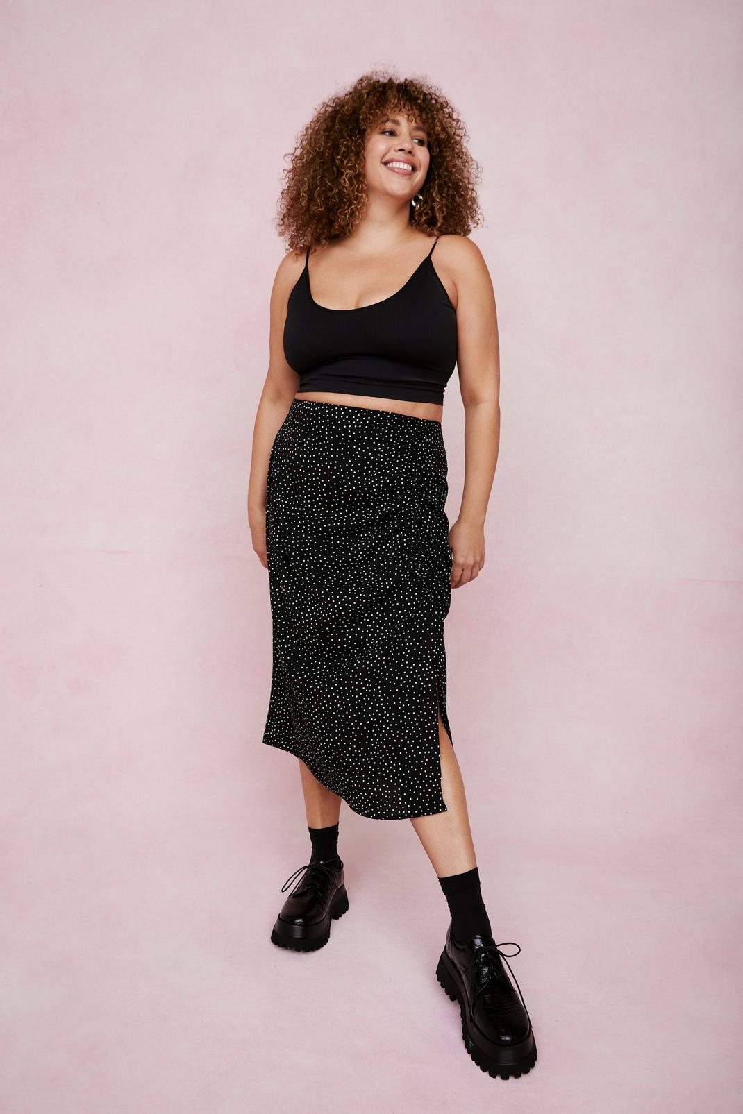 Black Plus Size Polka Dot Ruched Midi Skirt image number 1