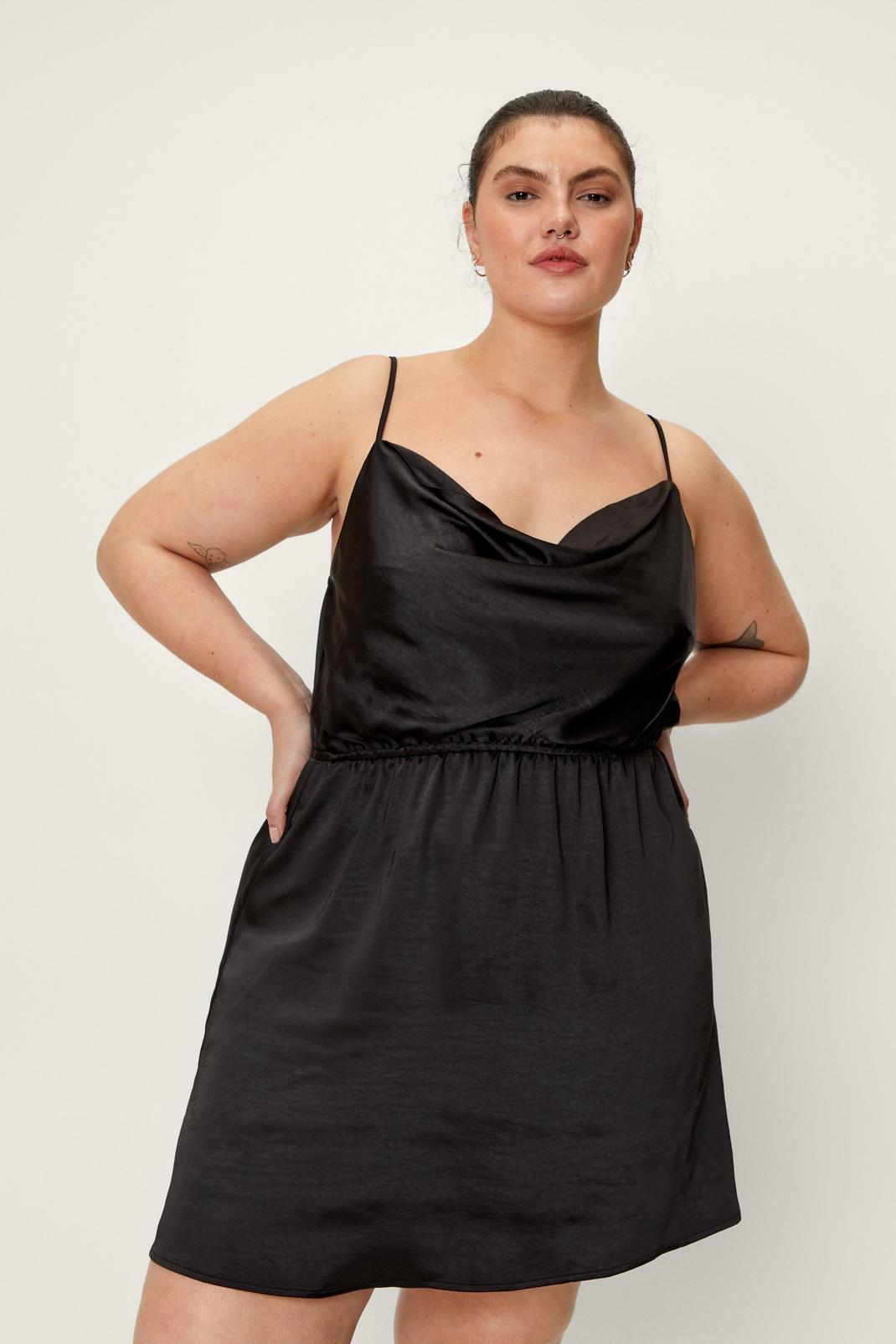 Black Plus Size Cowl Neck Satin Mini Dress image number 1