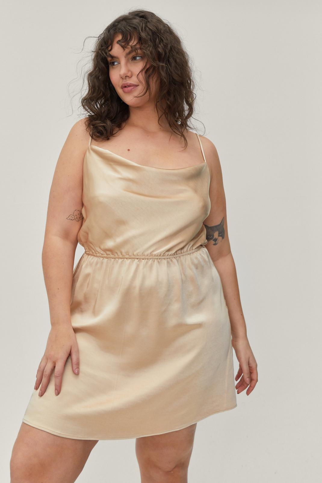 Champagne Plus Size Gathered Cowl Neck Mini Dress image number 1