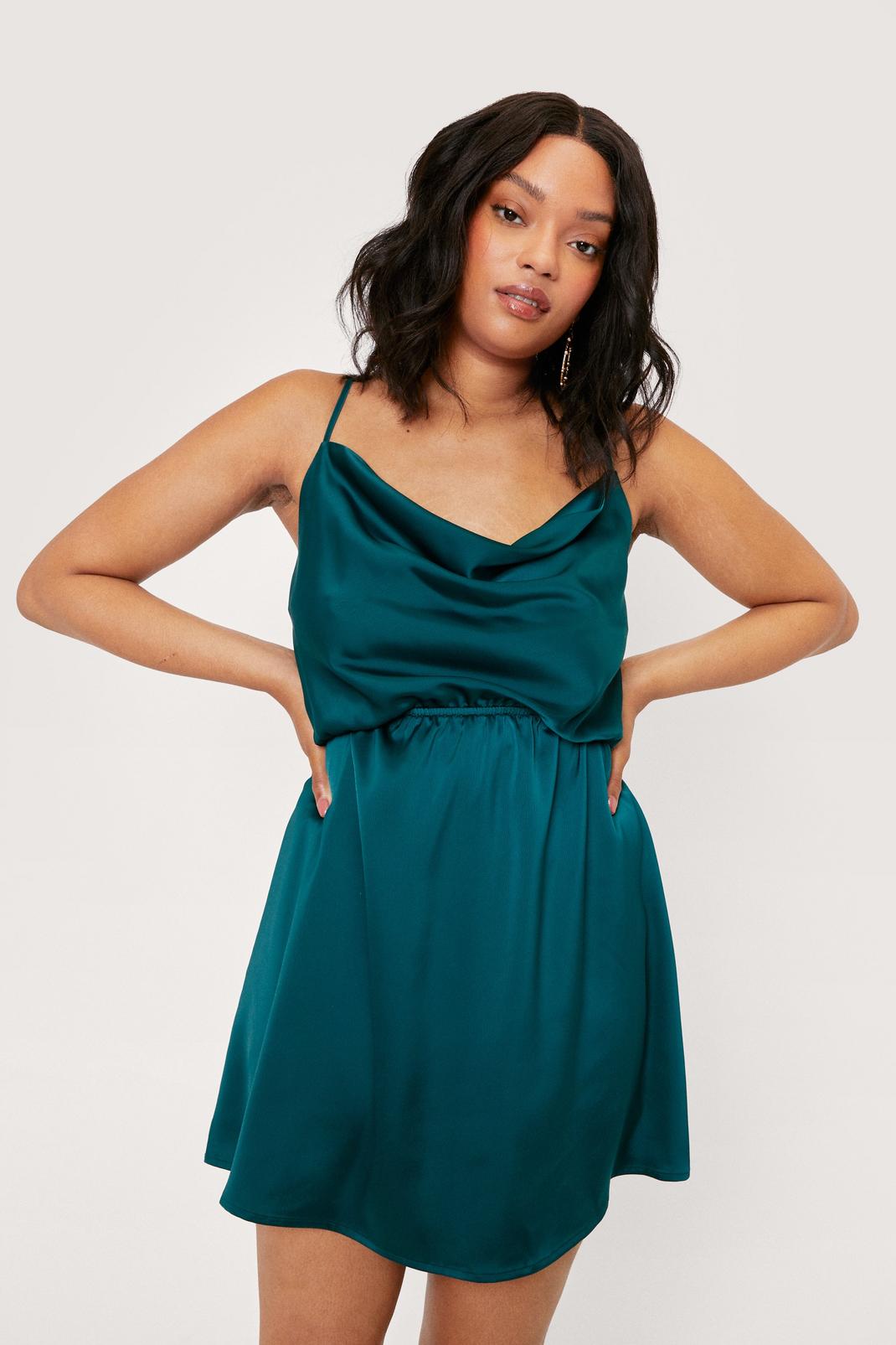 Green Plus Size Gathered Cowl Neck Mini Dress image number 1
