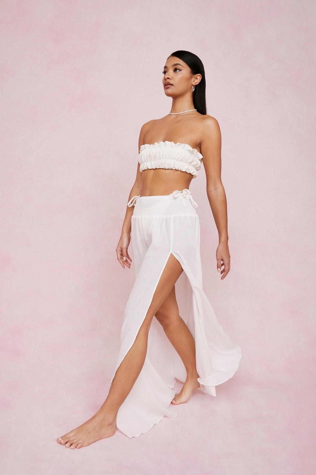 Cream Crinkle High Waisted Slit Maxi Cover Up Skirt image number 1