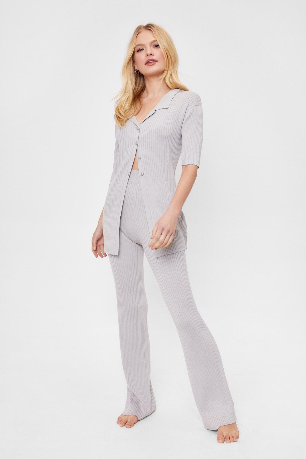 Light grey Knit Cardigan and Flare Trousers Lounge Set image number 1