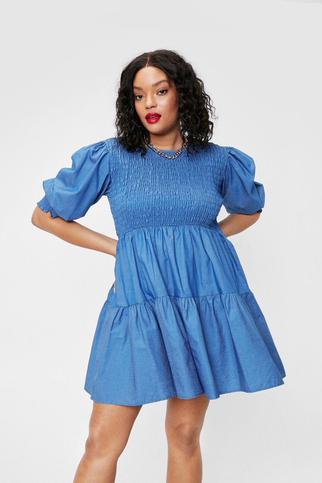 Blue Plus Size Denim Shirred Smock Dress image number 1