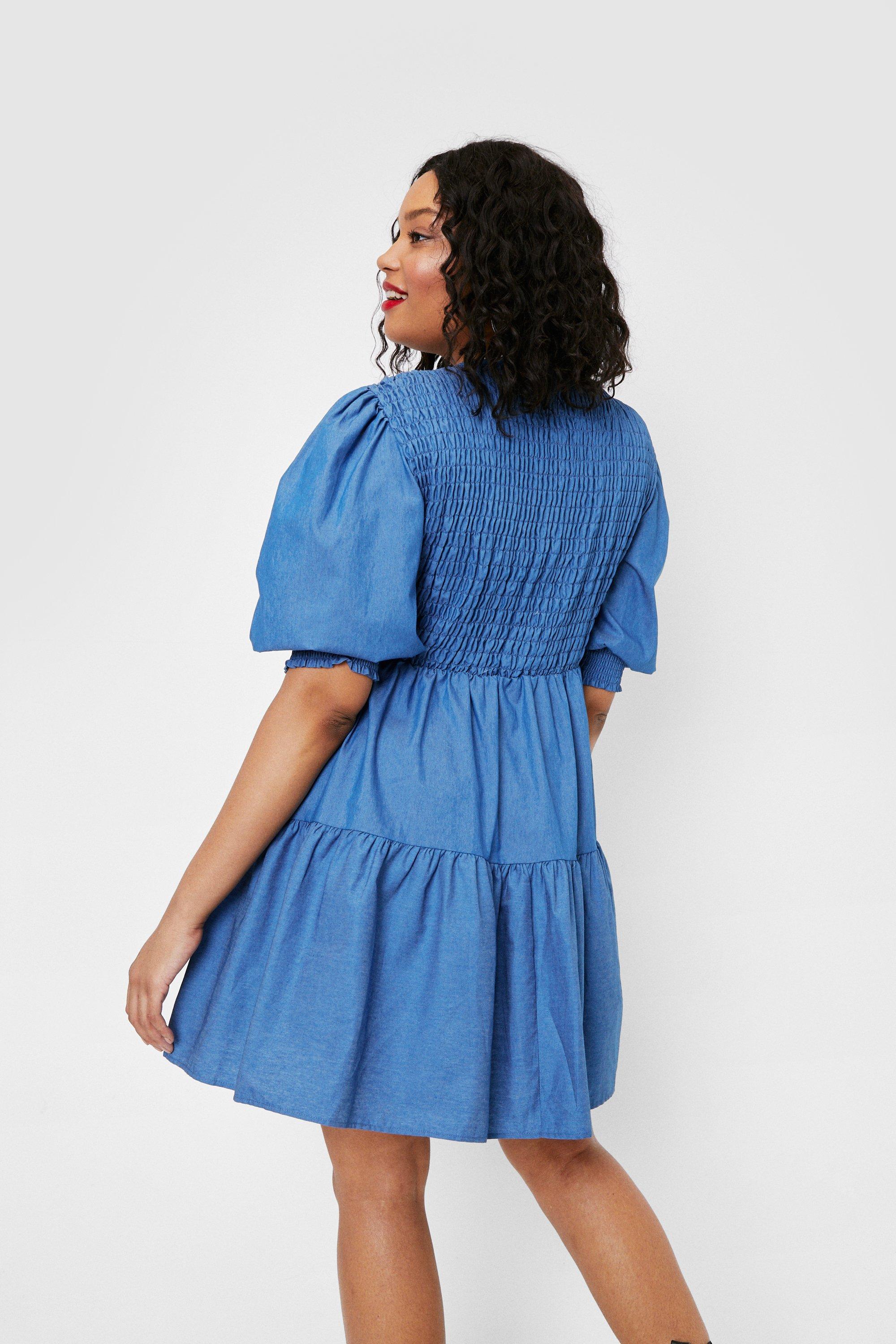 Plus Size Denim Shirred Smock Dress