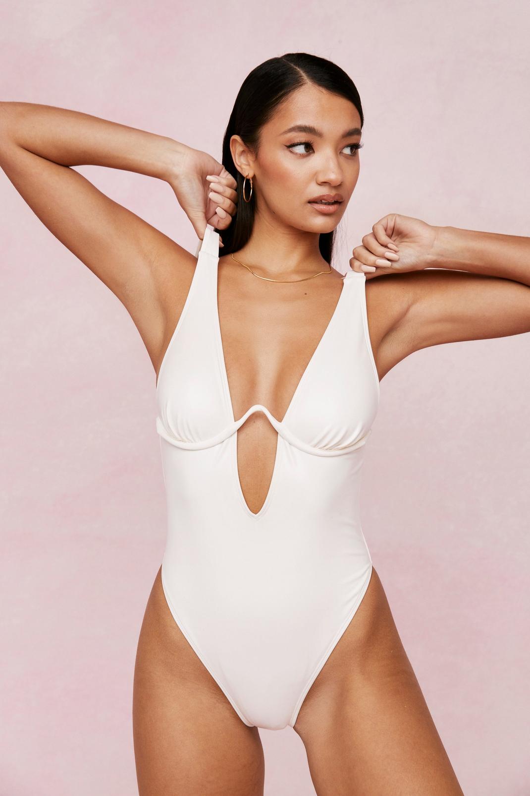 Cream Coated Underwire Cut Out High Leg Swimsuit image number 1