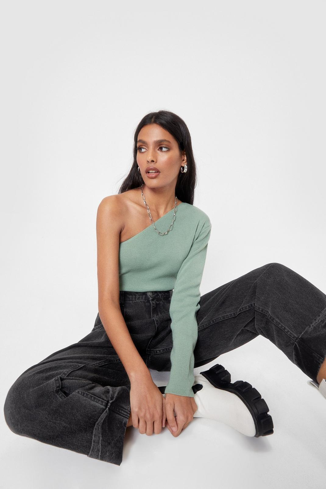 Green Cosy One Shoulder Knitted Top image number 1