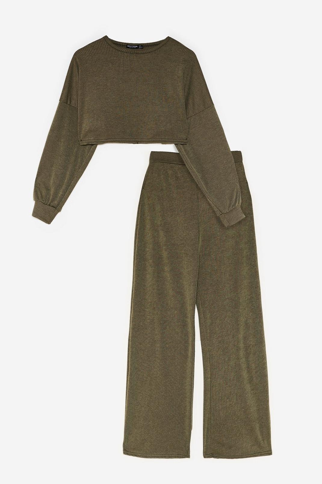 Khaki Petite Crop Top and Pants Loungewear Set image number 1