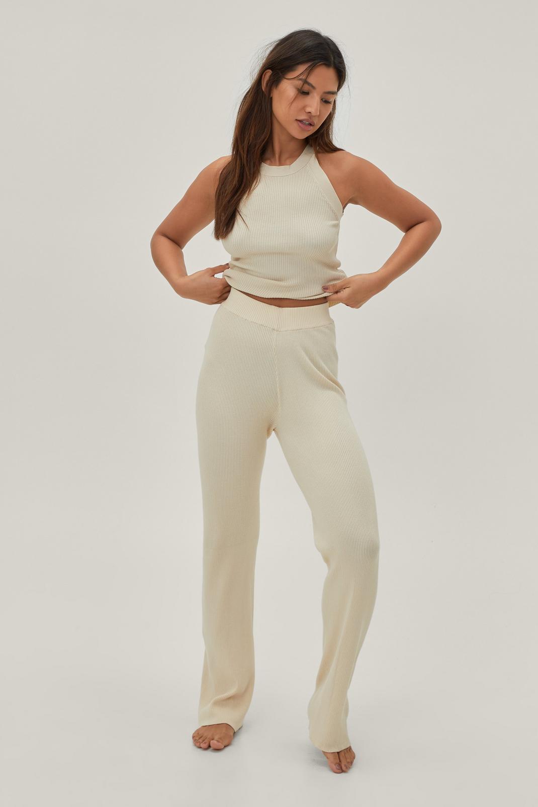 Oatmeal Knitted Racerback Top and Pants Lounge Set image number 1