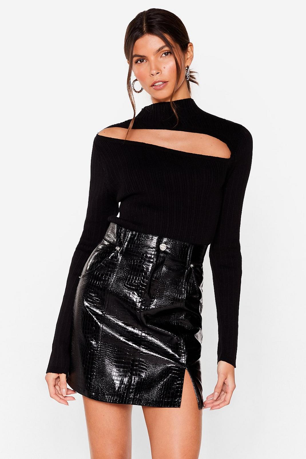 Black Faux Leather Croc Slit Mini Skirt image number 1