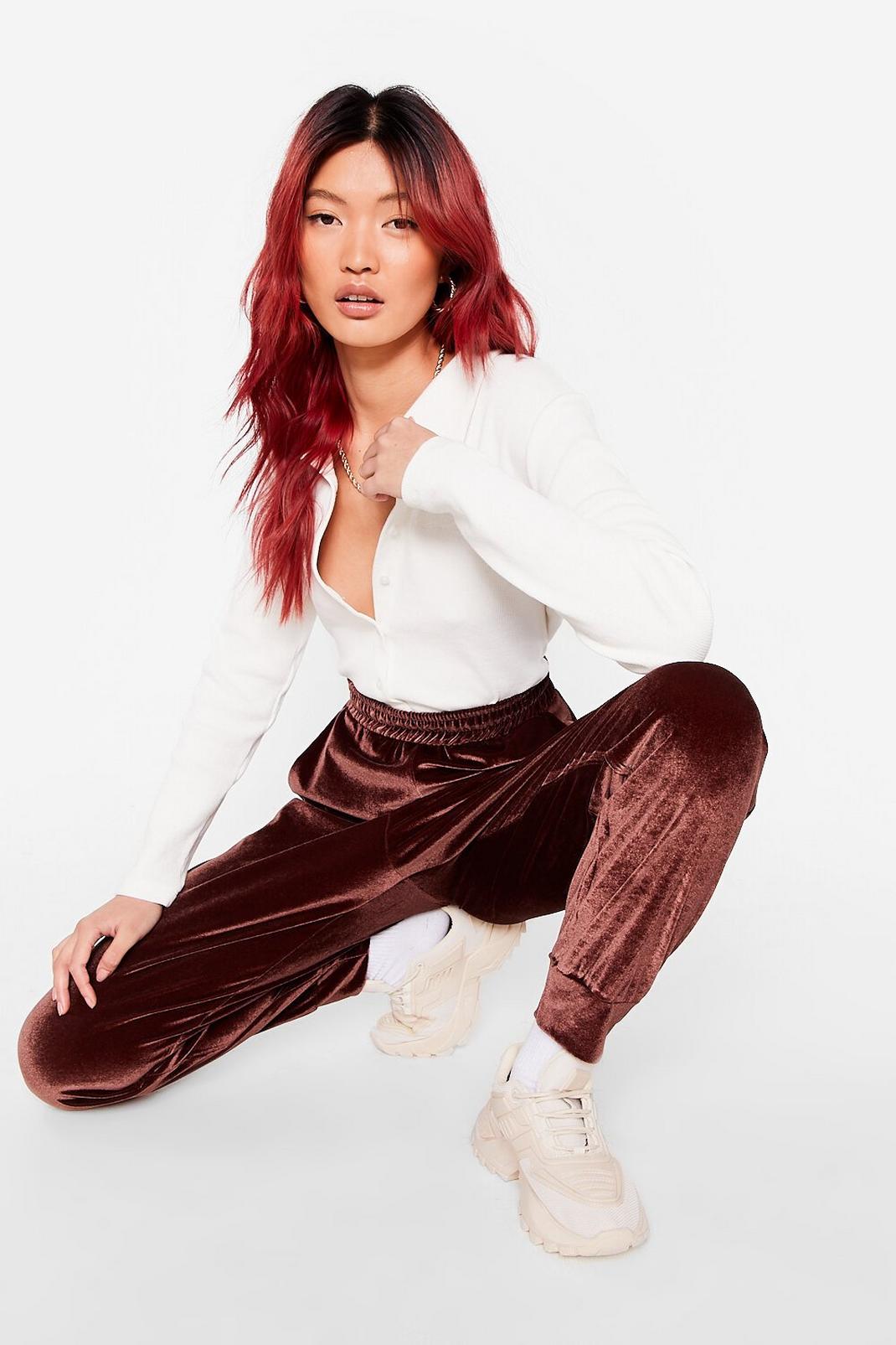 Chocolate Velour Oversized High Waisted Joggers image number 1