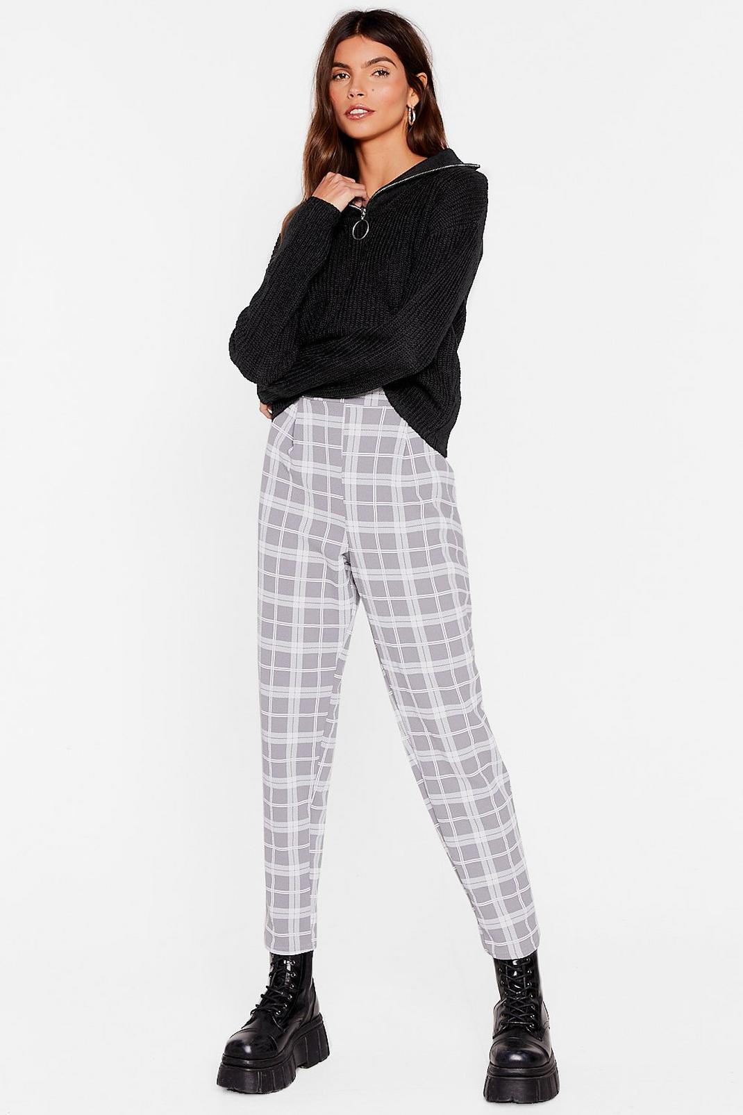 Grey Check Me Out High-Waisted Tapered Pants image number 1