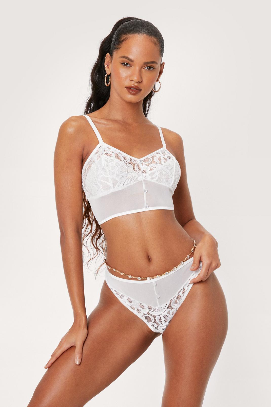 White Mesh Lace Bralette and High Leg Panty Set image number 1