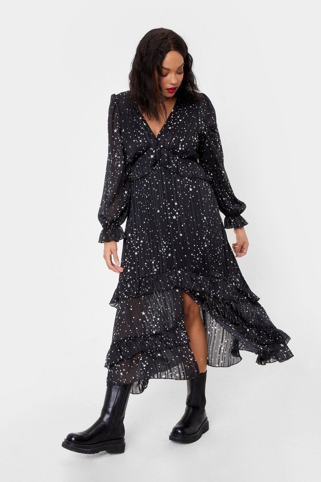 Black Plus Size Star Ruffle Midi Dress image number 1