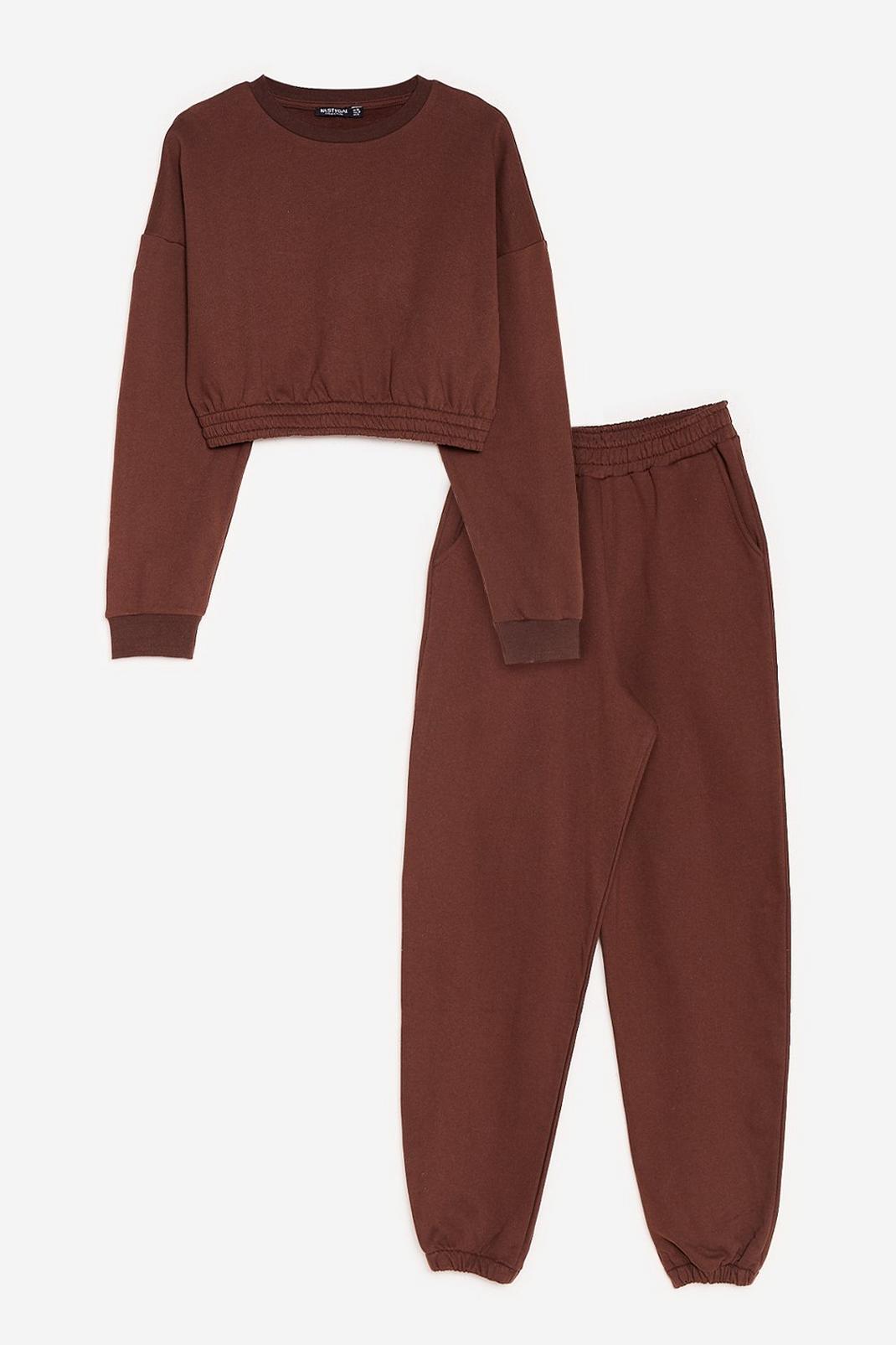 Brown Cropped Sweatshirt and Joggers Lounge Set image number 1