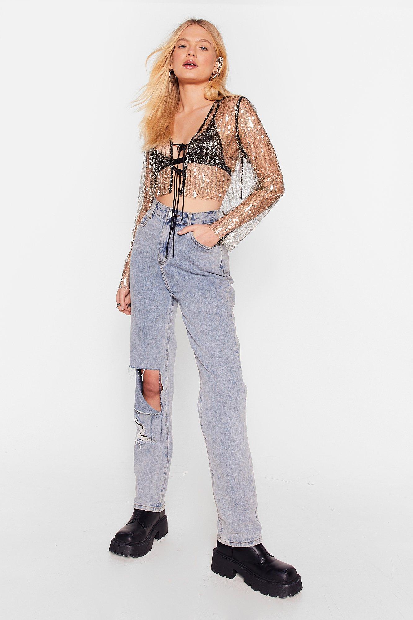 Sheer Sequin Tie Front Crop Top