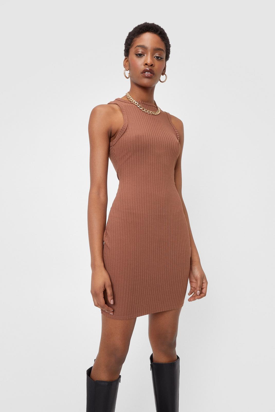 Chocolate Ribbed Racerback Bodycon Mini Dress image number 1