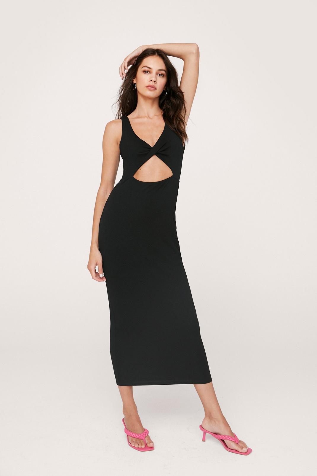 Black Ribbed Cut Out Twist Front Midi Dress image number 1