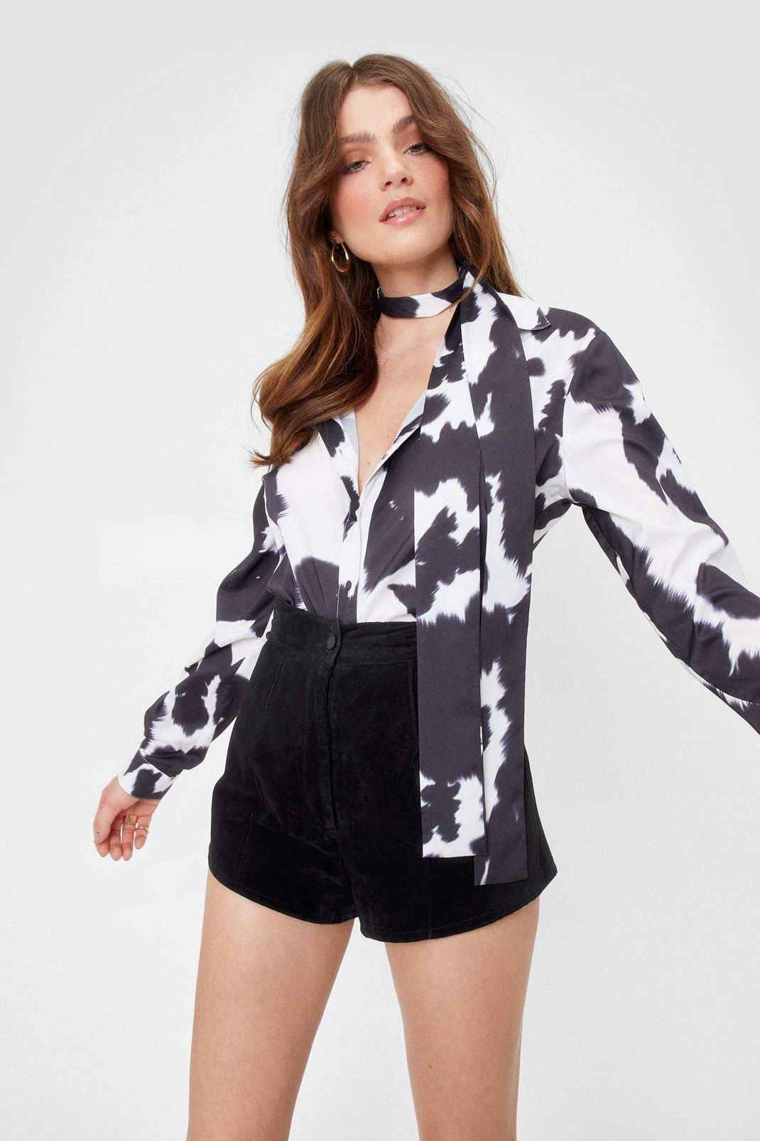 Black Moo-ves in Her Own Way Satin Cow Tie Shirt image number 1