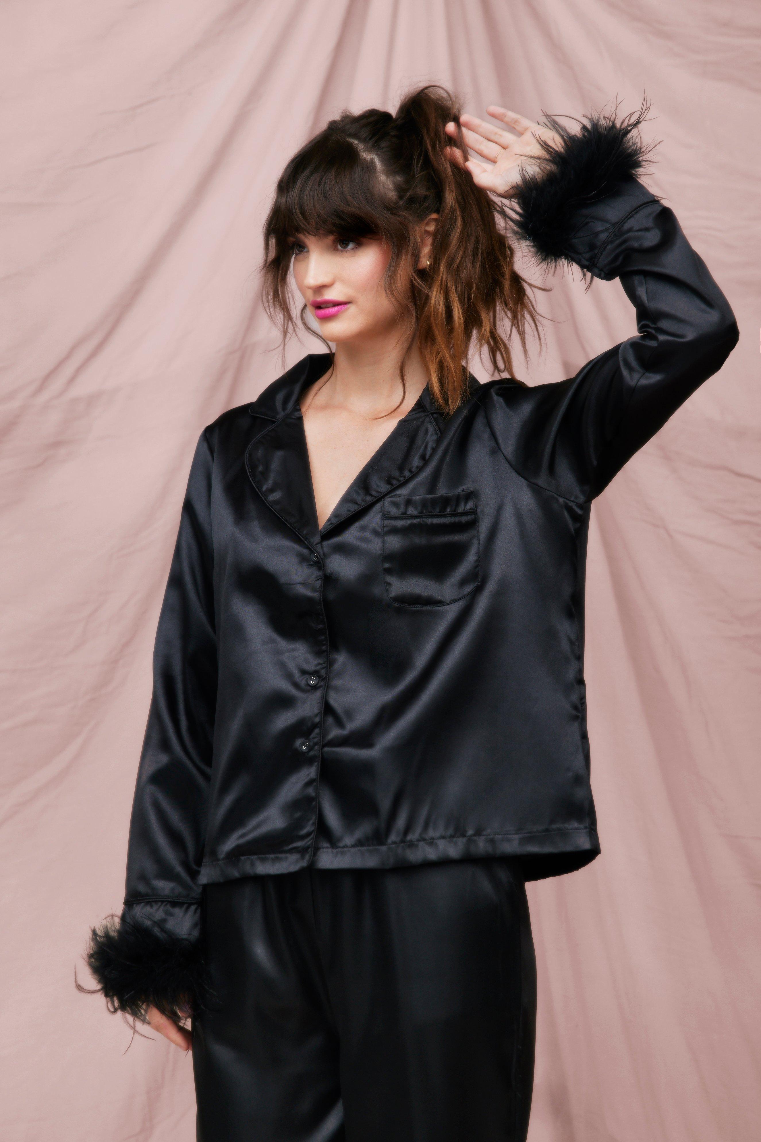 Black Satin Feathered Pajama Set