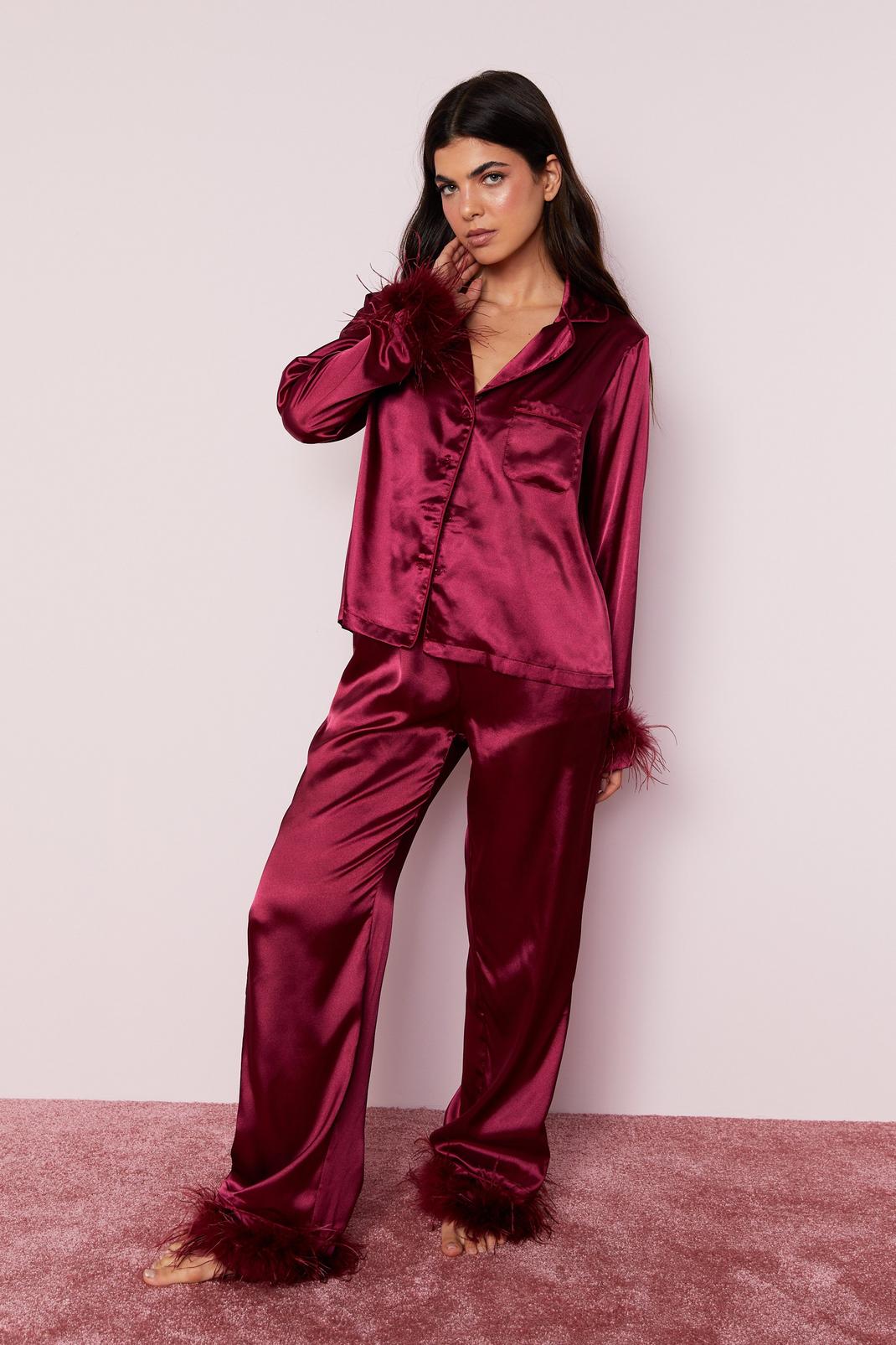 Burgundy Satin Feather Pajama Shirt and Pants Set image number 1