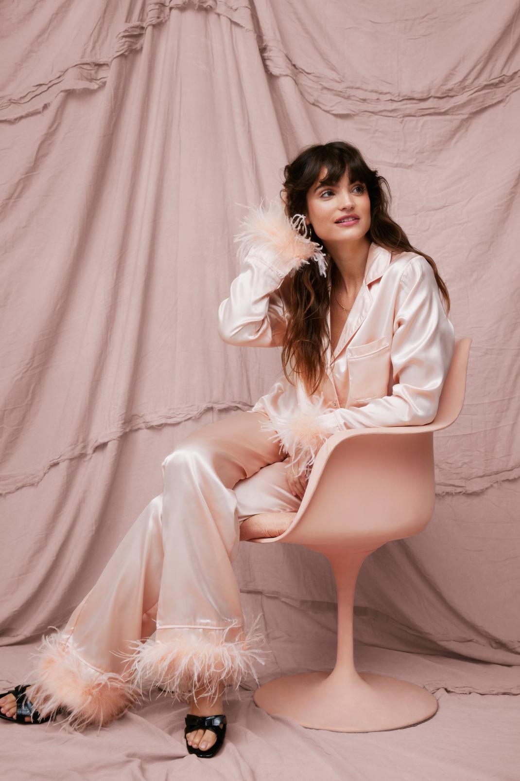 Champagne Satin Feather Pyjama Shirt and Trousers Set image number 1