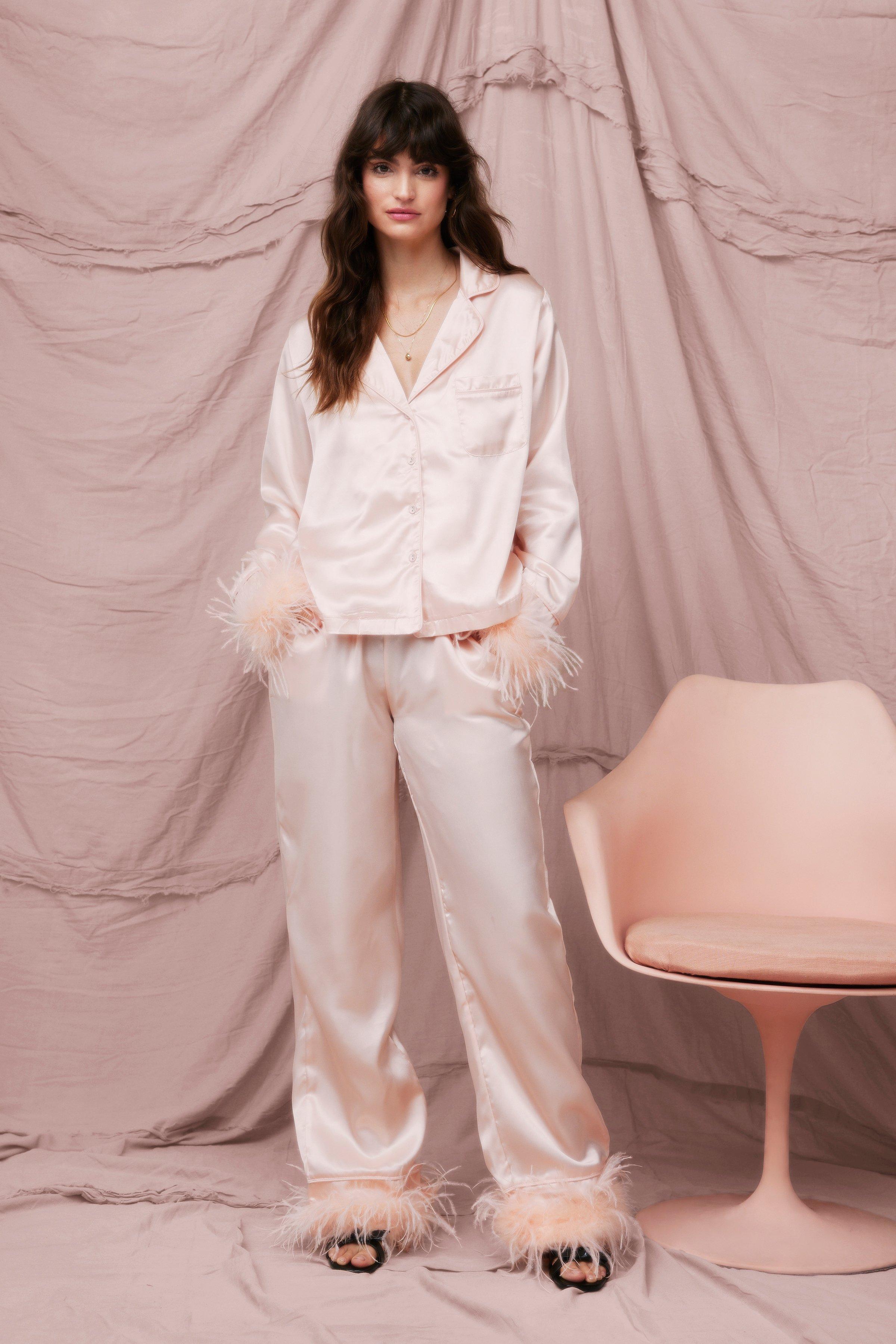 Satin Feather Pajama Shirt and Pants Set