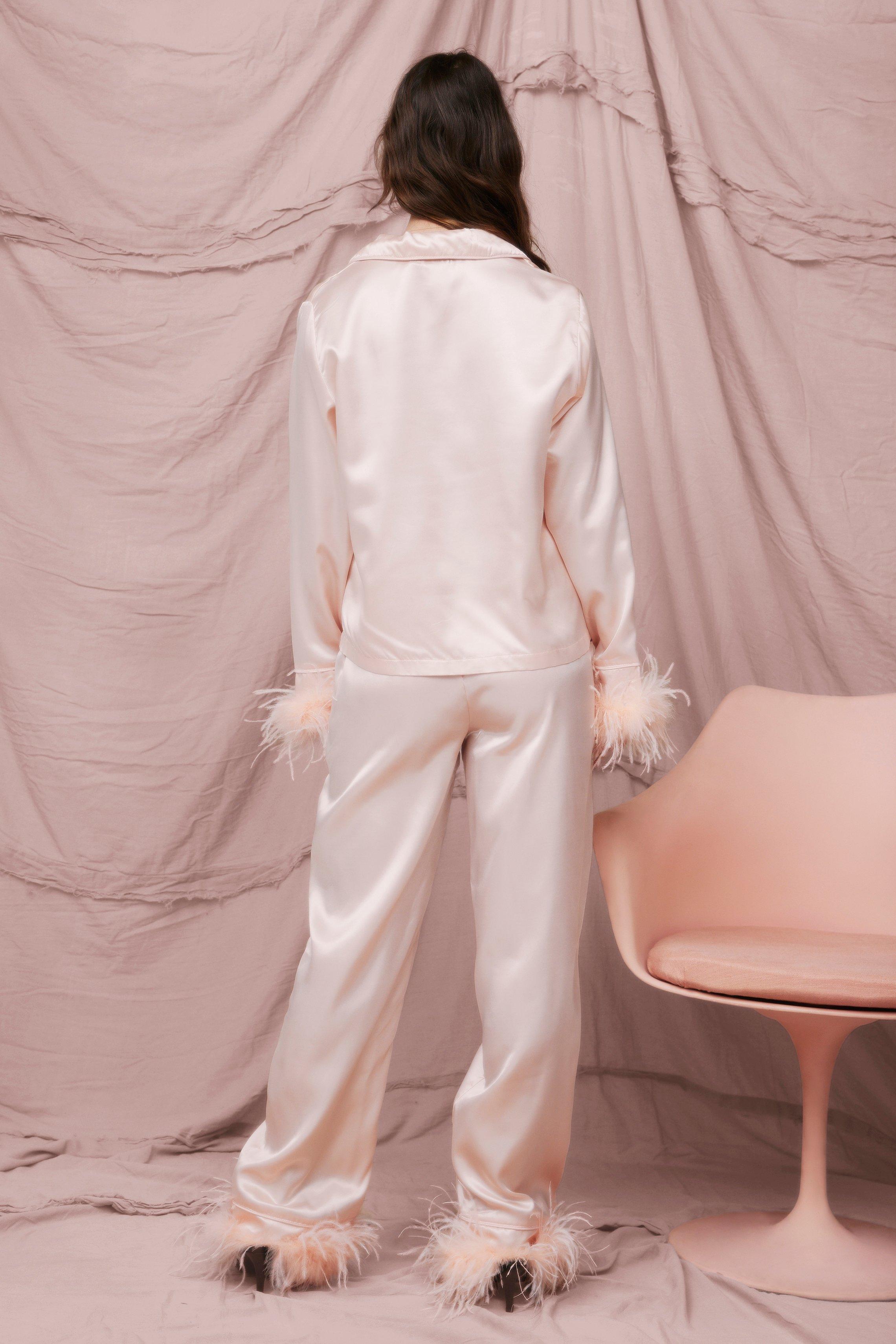 Satin Feather Pyjama Shirt and Trousers Set Nasty Gal