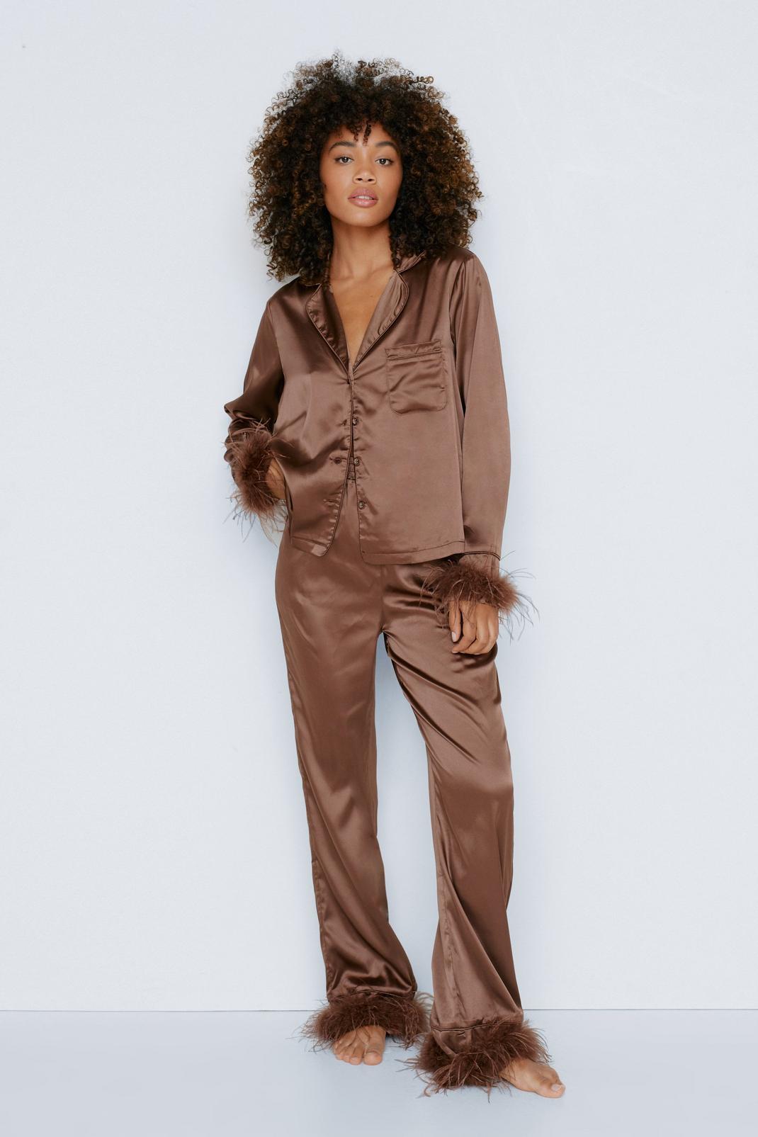Chocolate Satin Feather Pyjama Shirt and Trousers Set image number 1