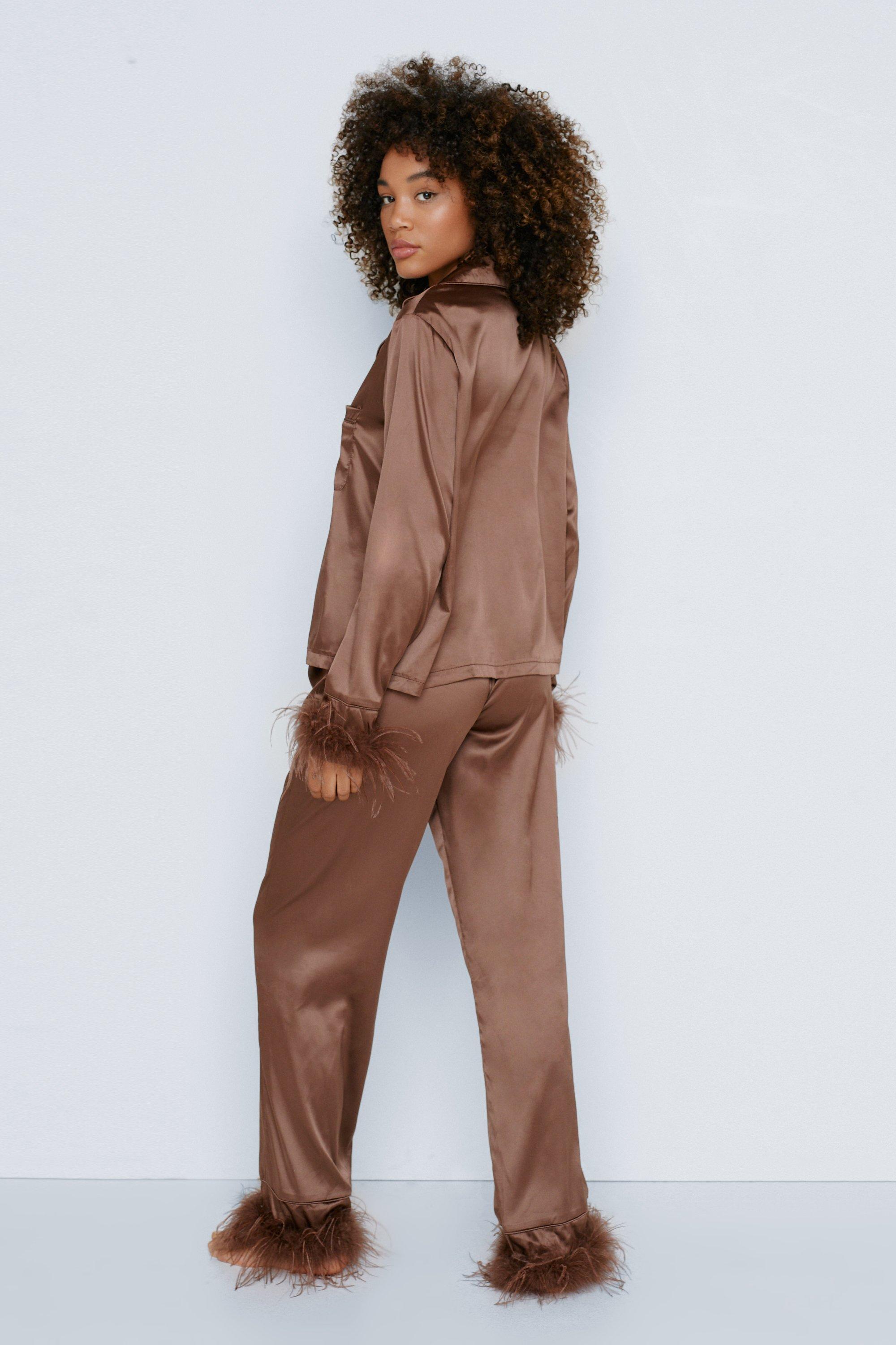 Satin Feather Pajama Shirt and Pants Set