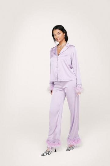 Satin Feather Pajama Shirt and Pants Set lilac
