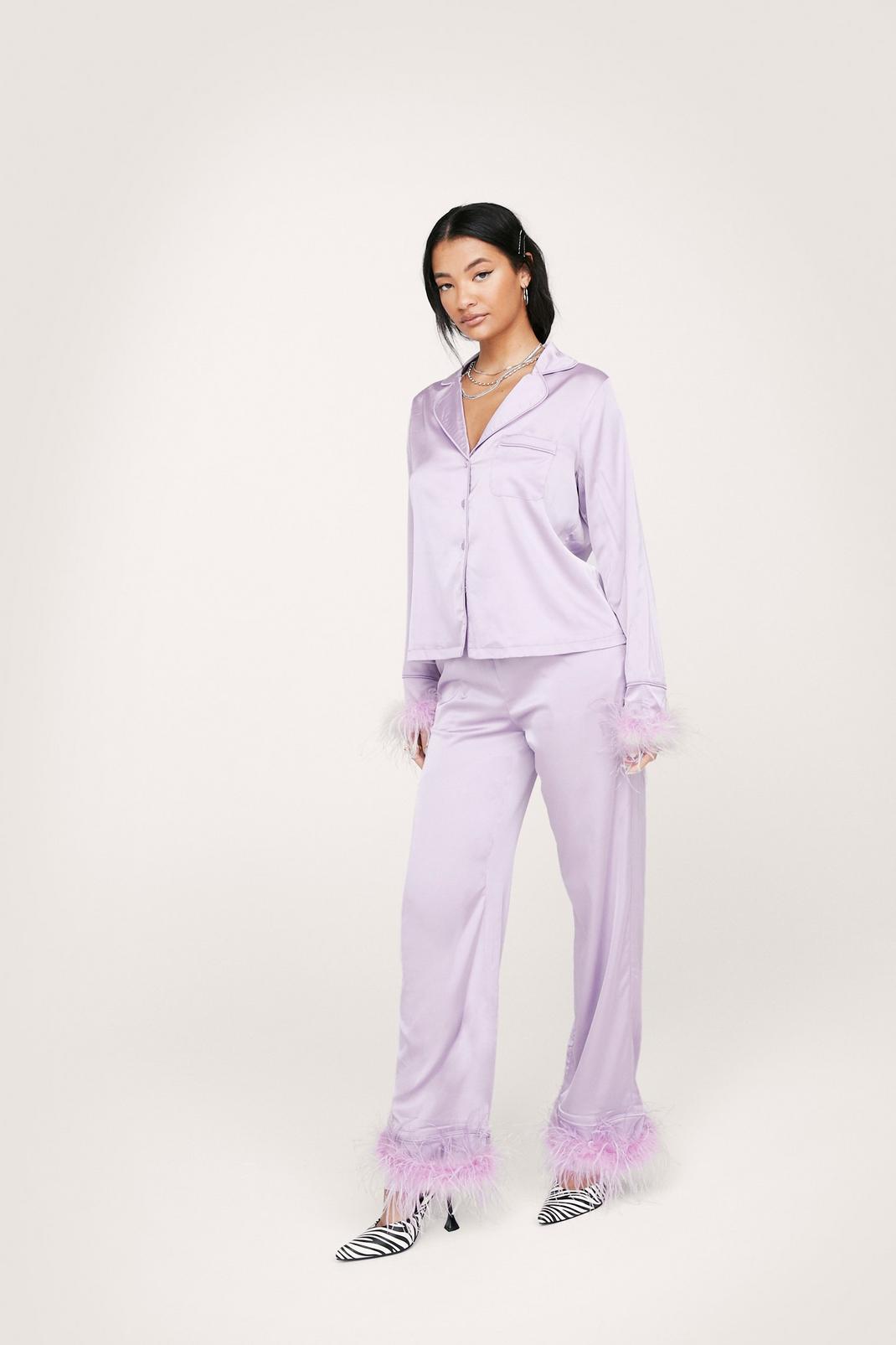 Lilac Satin Feather Pyjama Shirt and Trousers Set image number 1