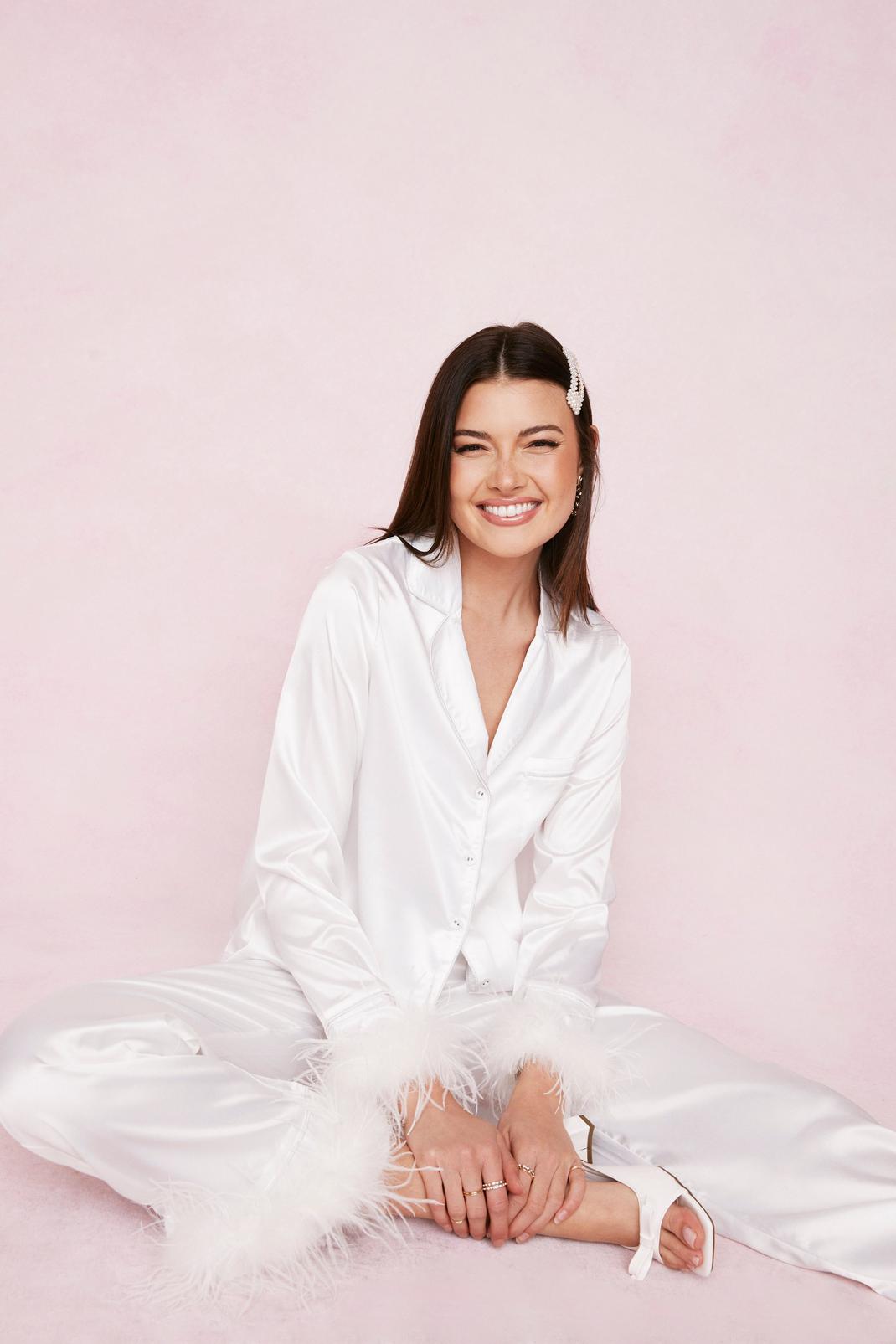 White Satin Feather Pajama Shirt and Pants Set image number 1