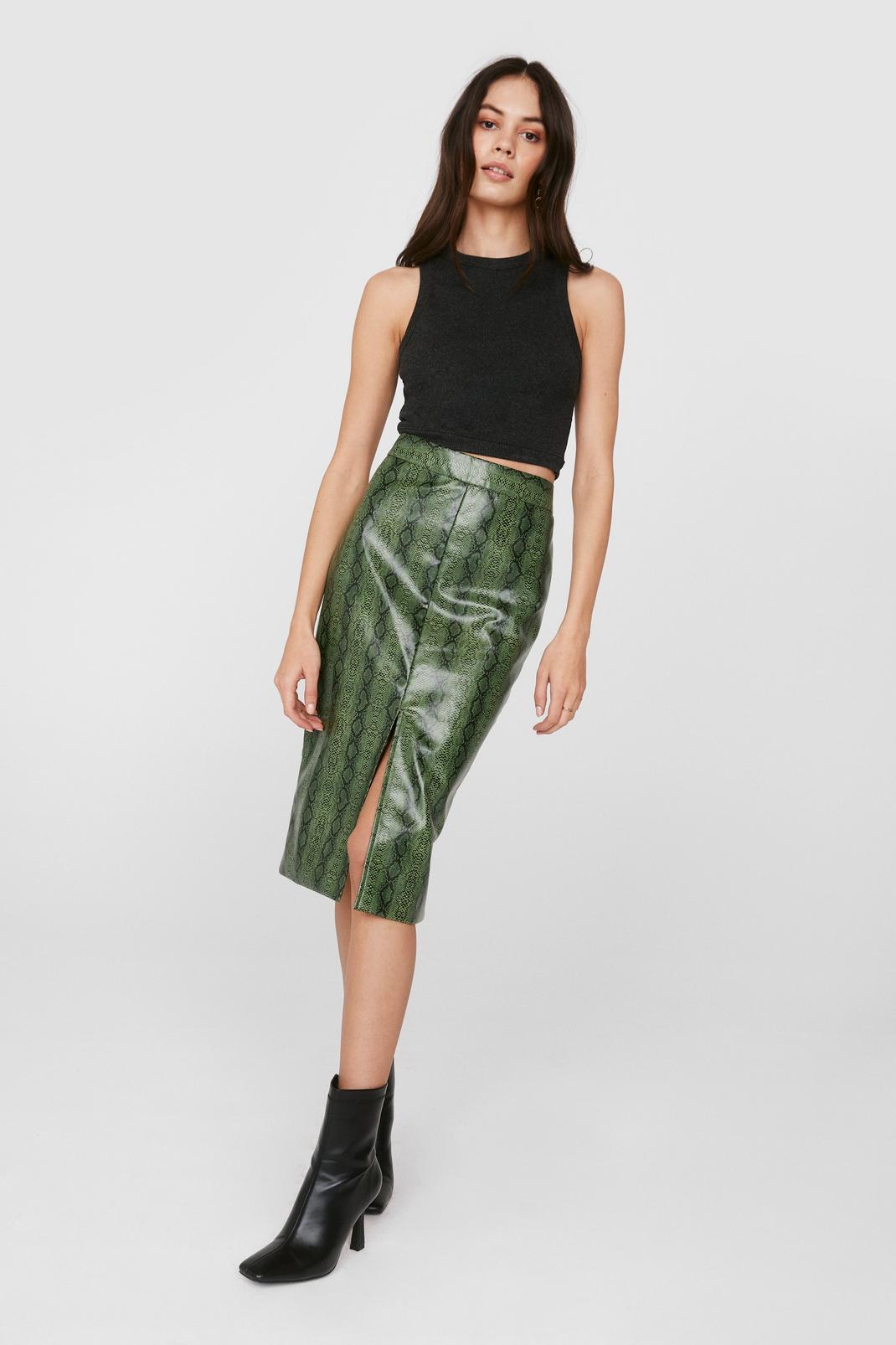 Green Faux Leather Snake Print Slit Midi Skirt image number 1