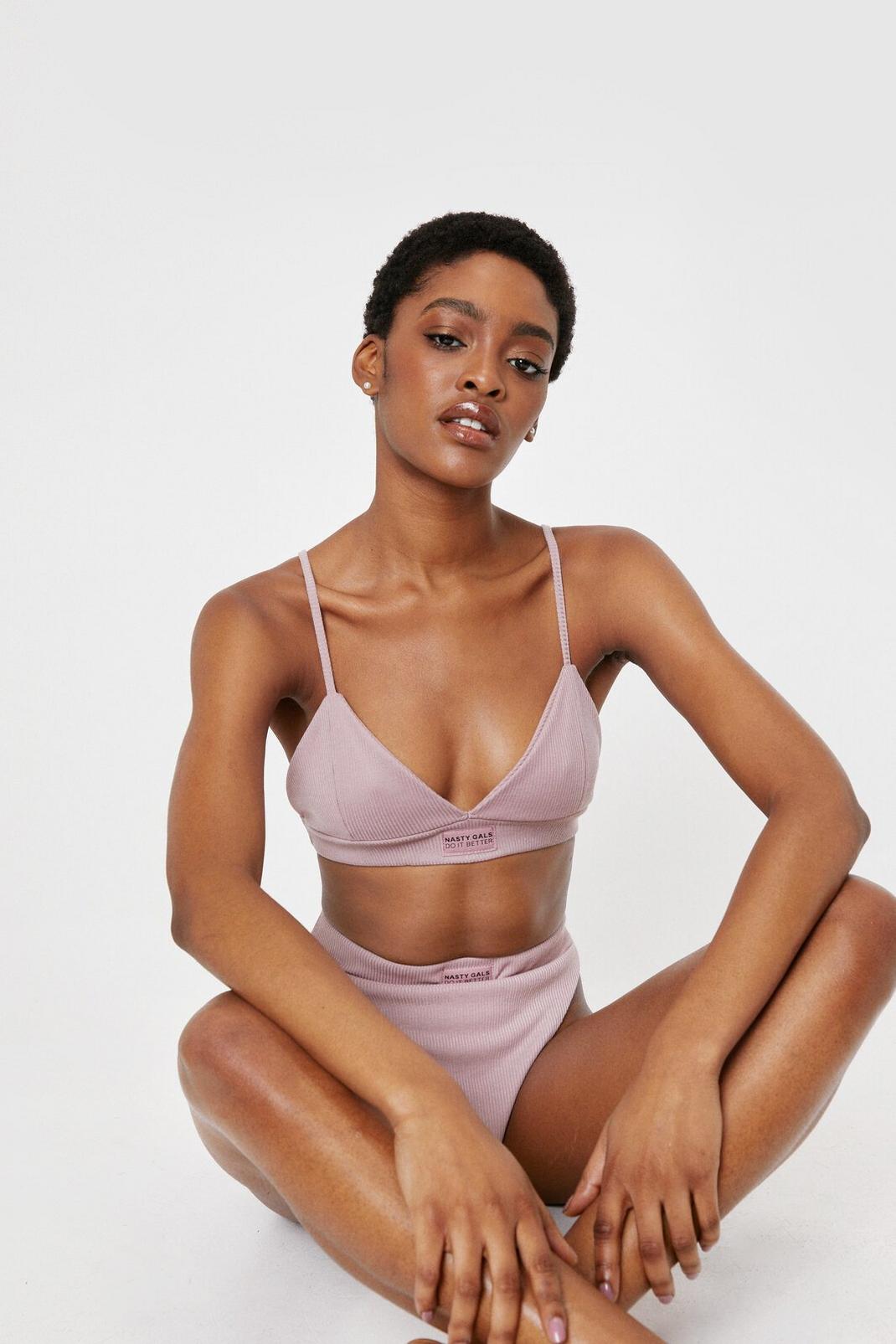 Mauve Nasty Gal Ribbed Graphic Thong Lingerie Set image number 1