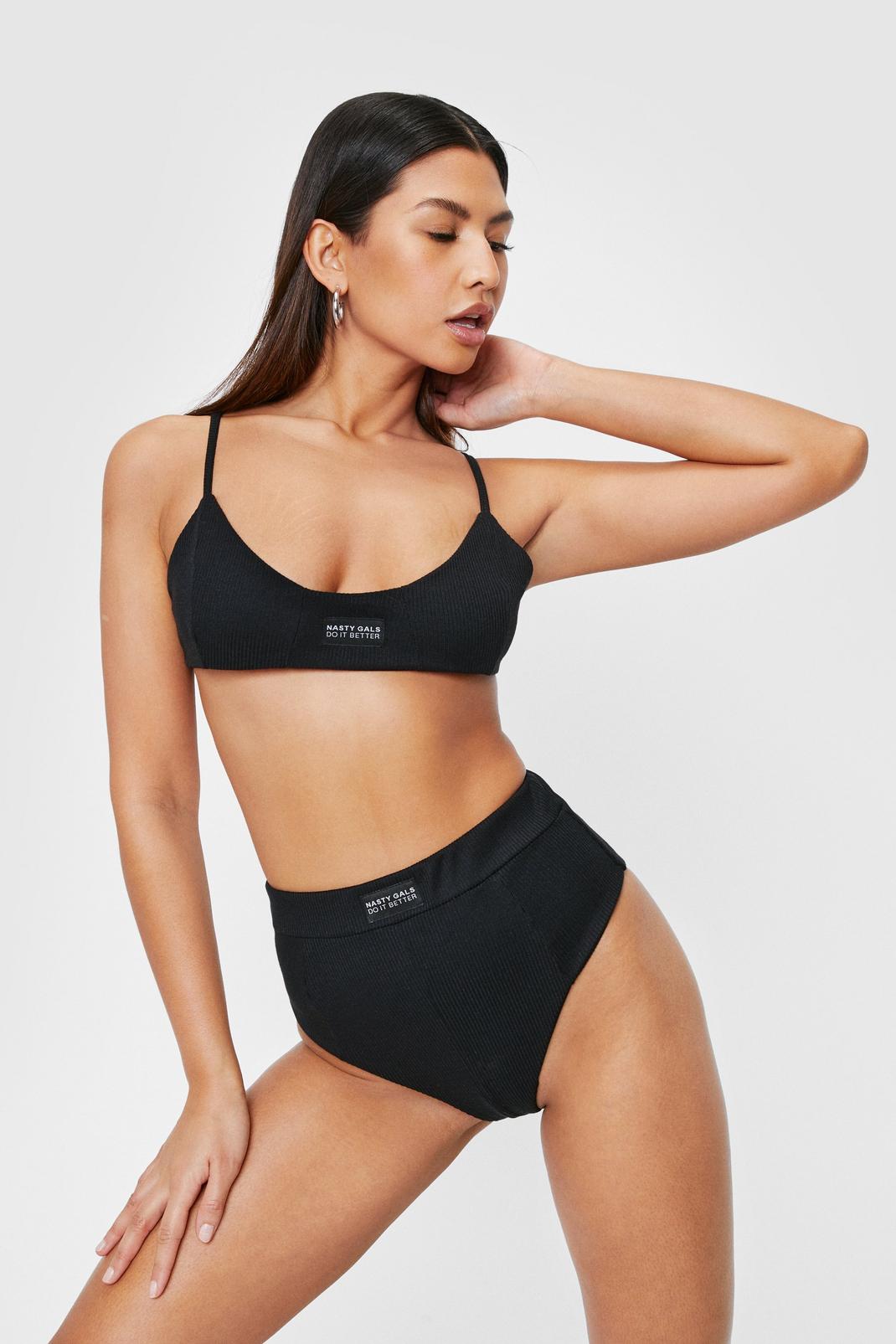 Black Nasty Gal Ribbed Graphic Crop Top and Knickers Set image number 1