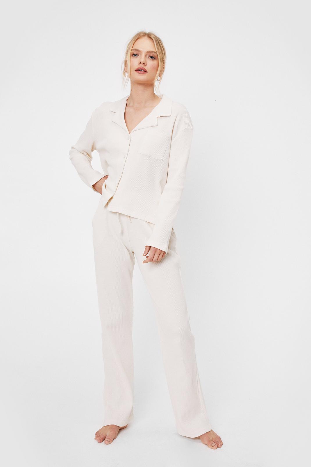 Cream Relaxed Button Down Shirt and Trousers Pyjama Set image number 1