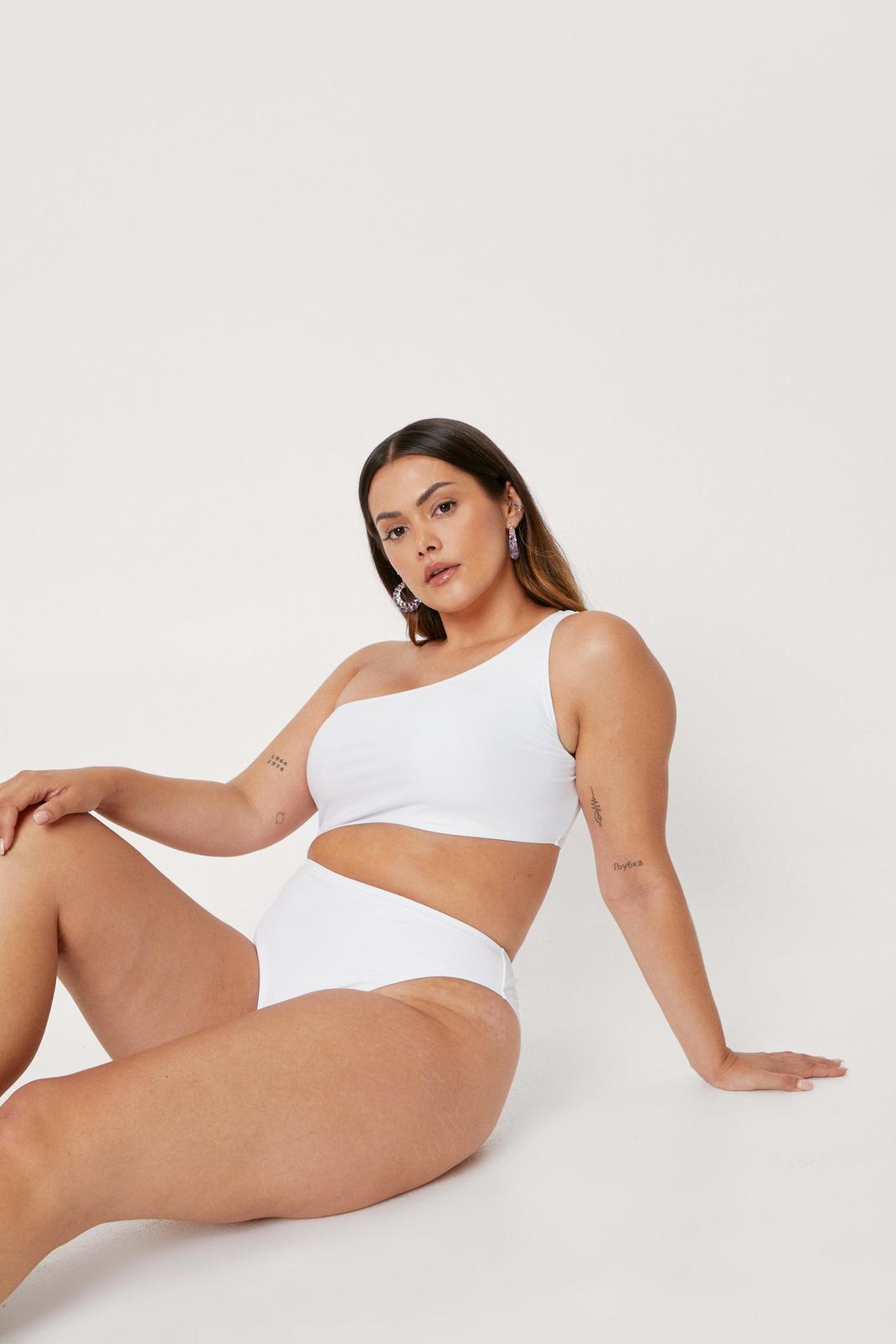 White Plus Size One Shoulder Cut Out Swimsuit image number 1