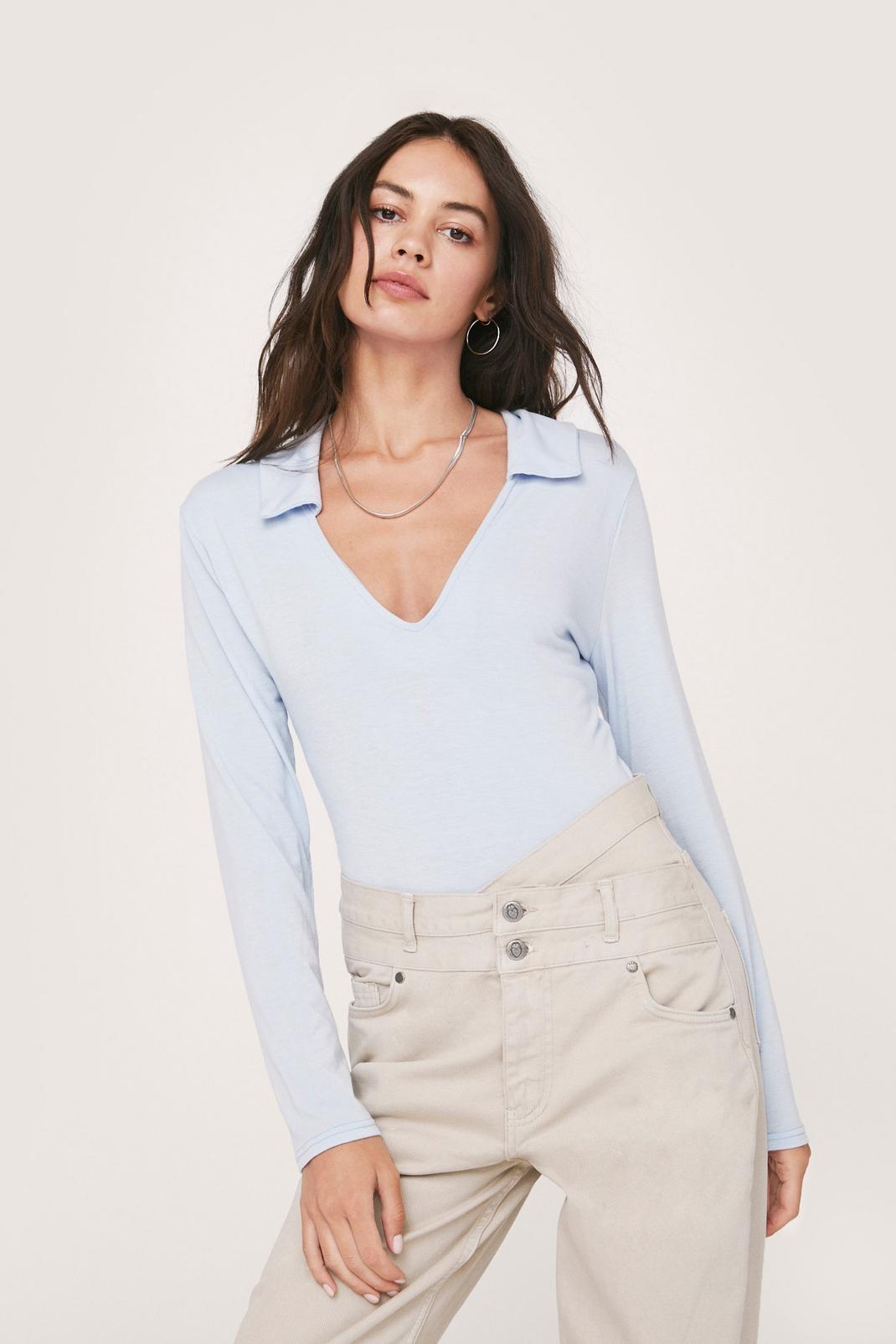 Blue Polo Collar Long Sleeve Bodysuit image number 1