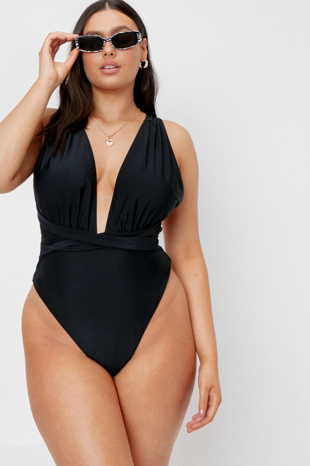 Black Plus Size Wrap Around Plunge Swimsuit image number 1