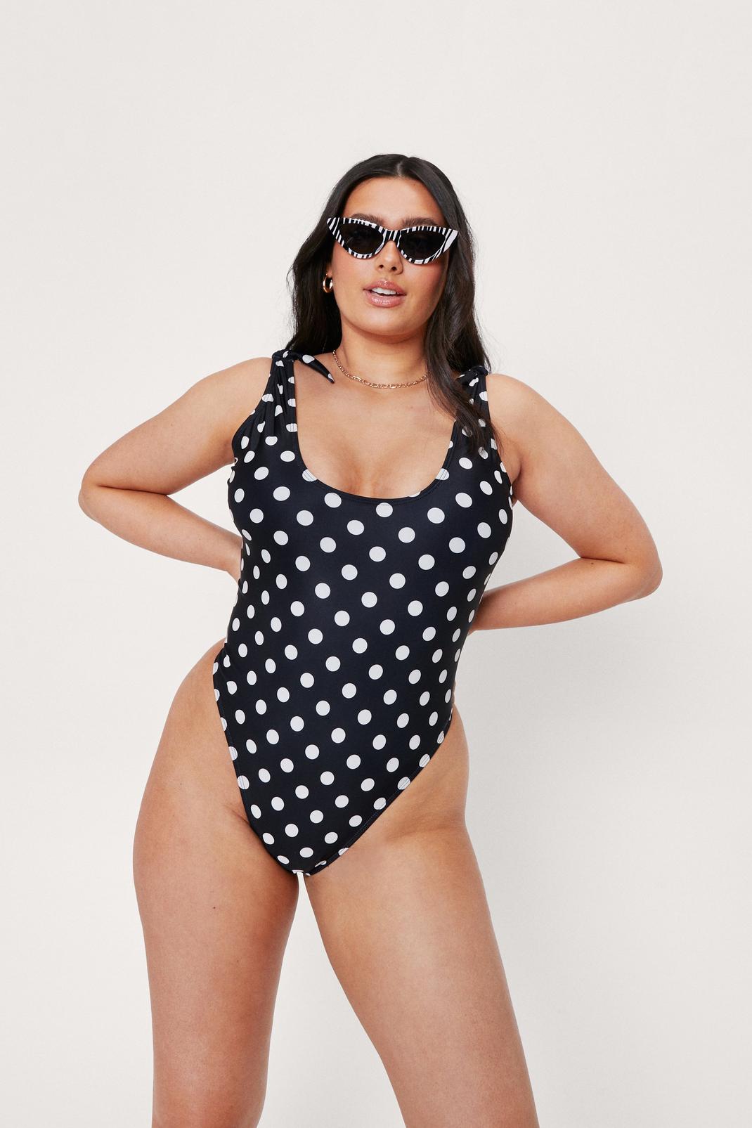 Black Plus Size Tie Shoulder Polka Print Swimsuit image number 1