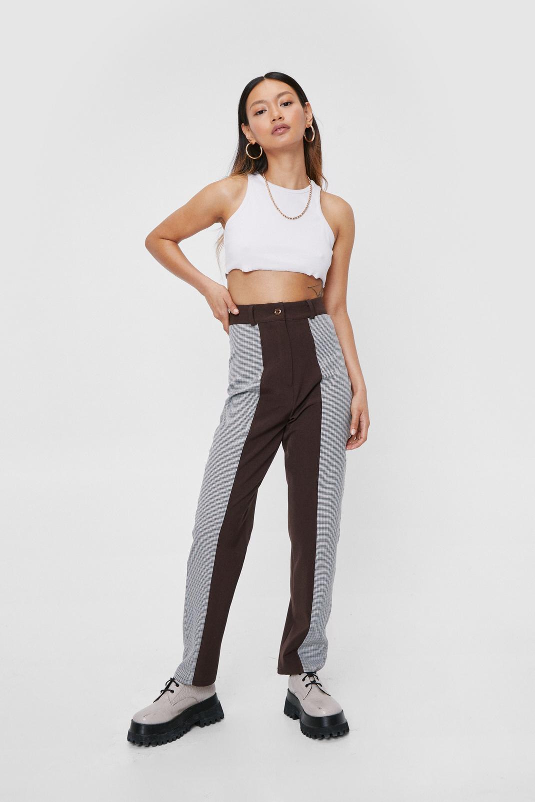 Chocolate Petite Check Print High Waisted Panelled Pants image number 1