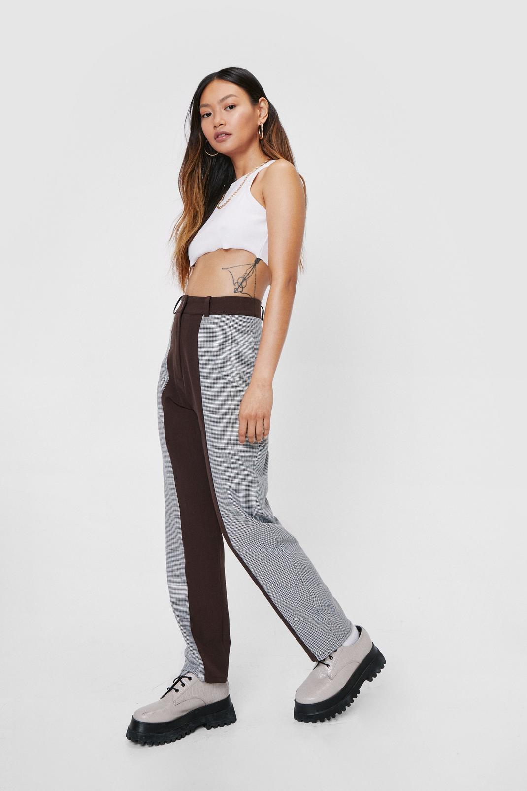 186 Petite High Waisted Check Panelled Trousers image number 2